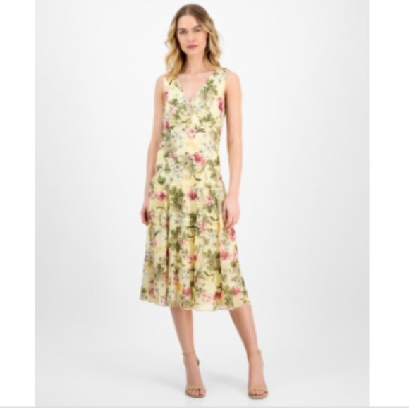 Connected Women's Floral Print Tiered Sleeveless MIDI Dress - Yellow - Picture 4 of 4